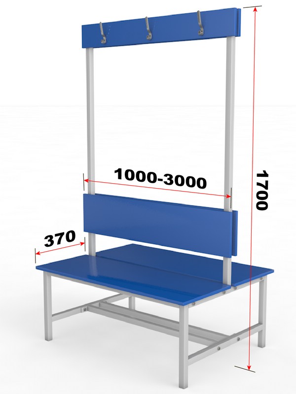Скамейка для раздевалки двухстороняя с вешалкой, настил ЛДСП, 300см Glav 10.1000-3000 600_800